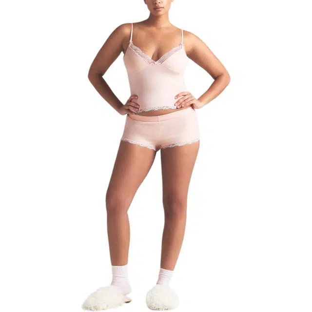 SKIMS SS25 COTTON JERSEY LACE CAMI AND SHORT SET PRIMROSE