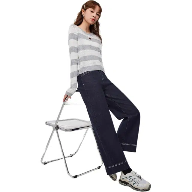 爱依服 高腰直筒长裤牛仔裤 女款 牛仔深蓝