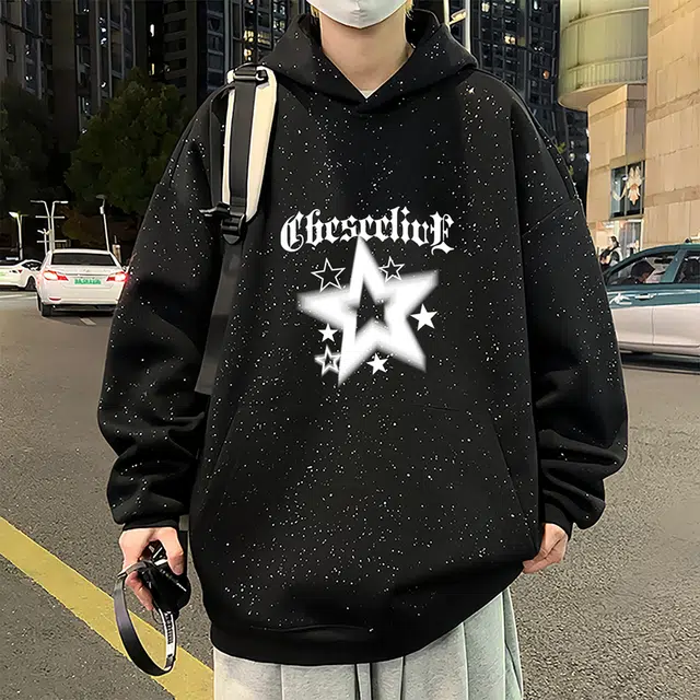 草本初色 宽松满天星五角星字母印花连帽卫衣 男女同款 黑色