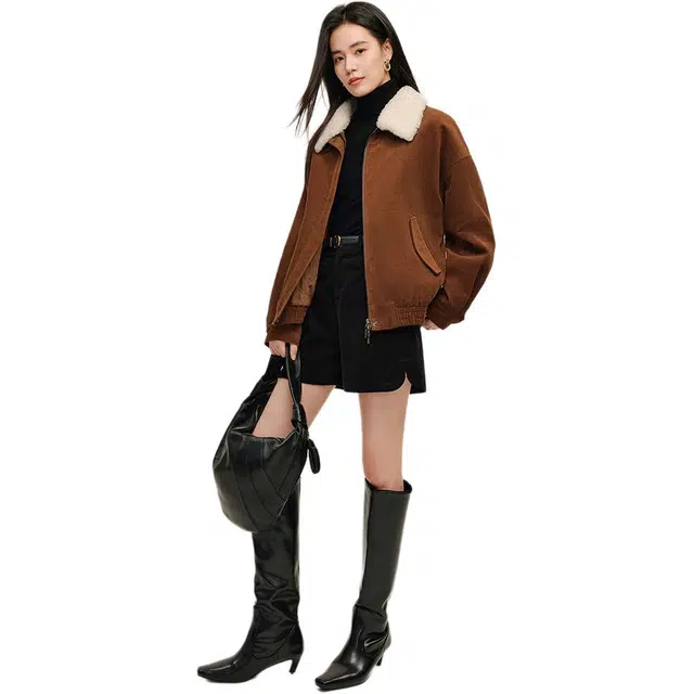 茵曼 复古灯芯绒宽松休闲百搭保暖厚款棉服 女款 咖啡色