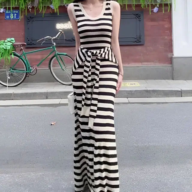 沐晓欣 设计感条纹撞色无袖背心裙夏法式收腰显瘦长裙披肩裙装套装 女款