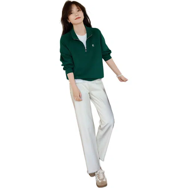 沫晗依美 休闲立领宽松插肩长袖卫衣 女款 绿色