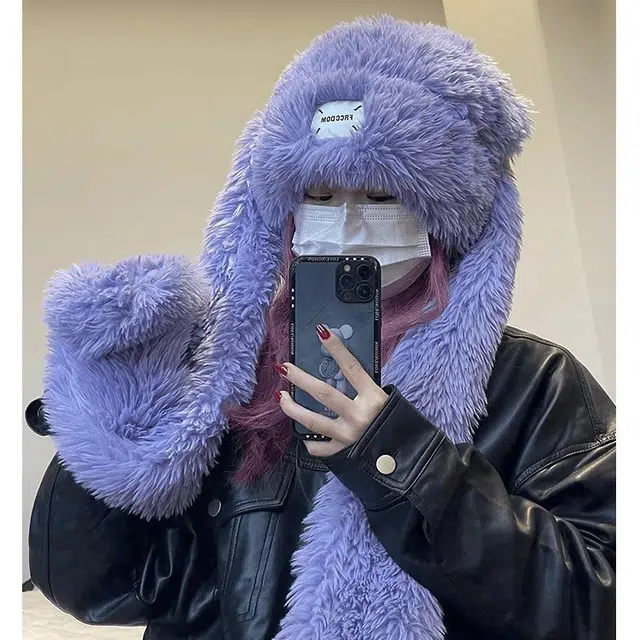 【暖冬必入~甜美小兔】 攸委 可爱长毛兔耳朵毛绒帽子女冬季加厚保暖护耳帽围巾一体两用 涤纶 时尚百搭防寒网红斗篷帽 男女同款情侣款