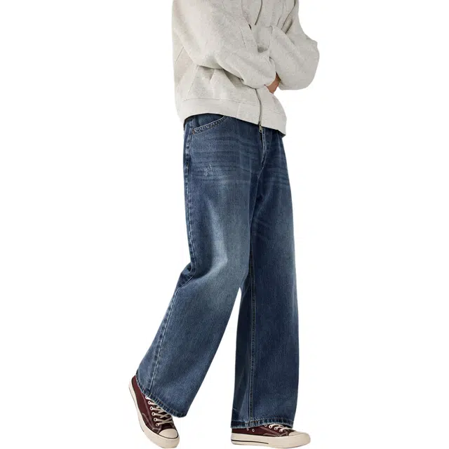 帝狼牛 美式复古潮牌手工磨破设计宽松直筒阔腿休闲垂感弯刀 牛仔裤 男女同款