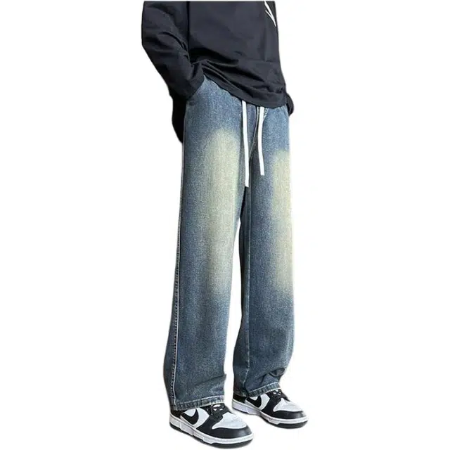 法文箱子 复古水洗做旧牛仔裤简约时尚潮流宽松百搭休闲直筒裤 男款