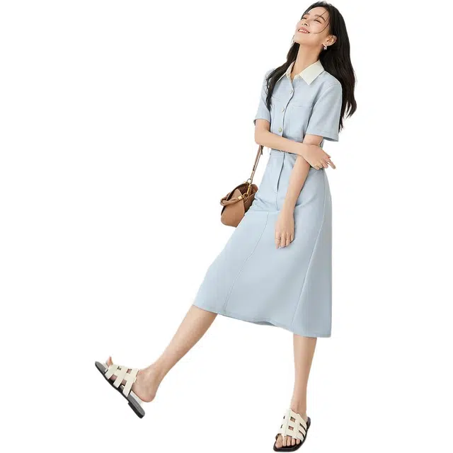 对白 纯色高腰衬衫短袖连衣裙 冰水蓝
