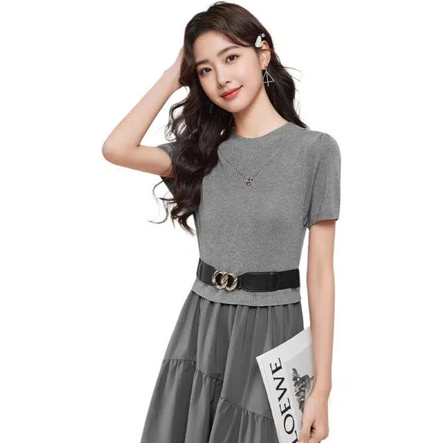 爱依服 拼接设计成熟气质收腰修身型通勤短袖连衣裙 女款