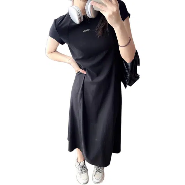 美洋 纯色收腰圆领套头长款休闲短袖连衣裙 女款 黑色