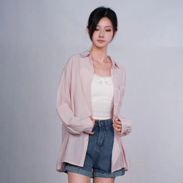 御茶家 纯色蝴蝶结设计翻领长袖衬衫 女款 粉色
