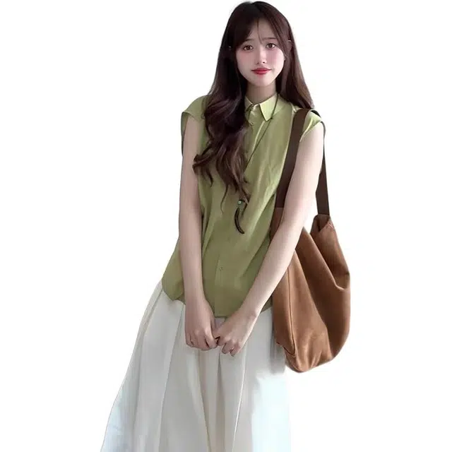 沐晓欣 薄款翻领坎肩衬衣小个子休闲上衣半身裙裙装套装 女款