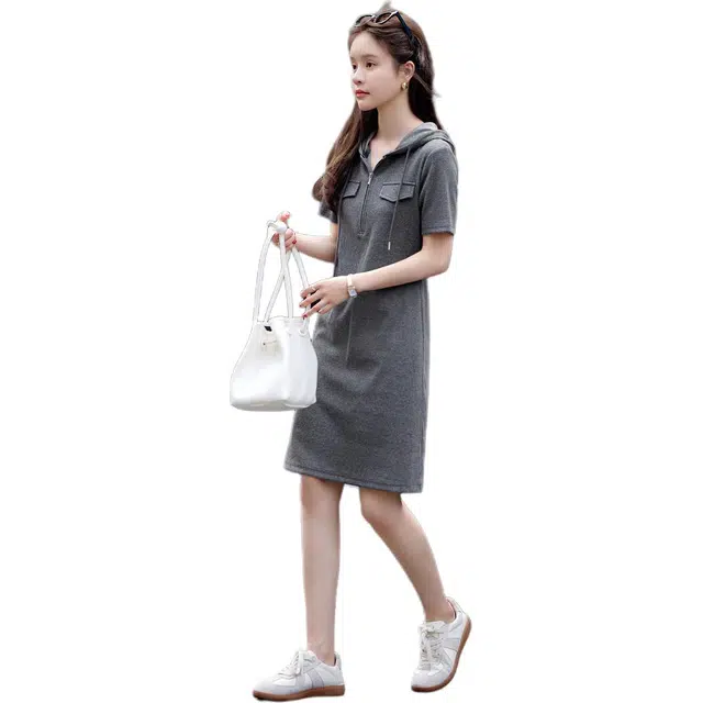 沫晗依美 纯色连帽中腰套头短袖连衣裙 女款 深花灰