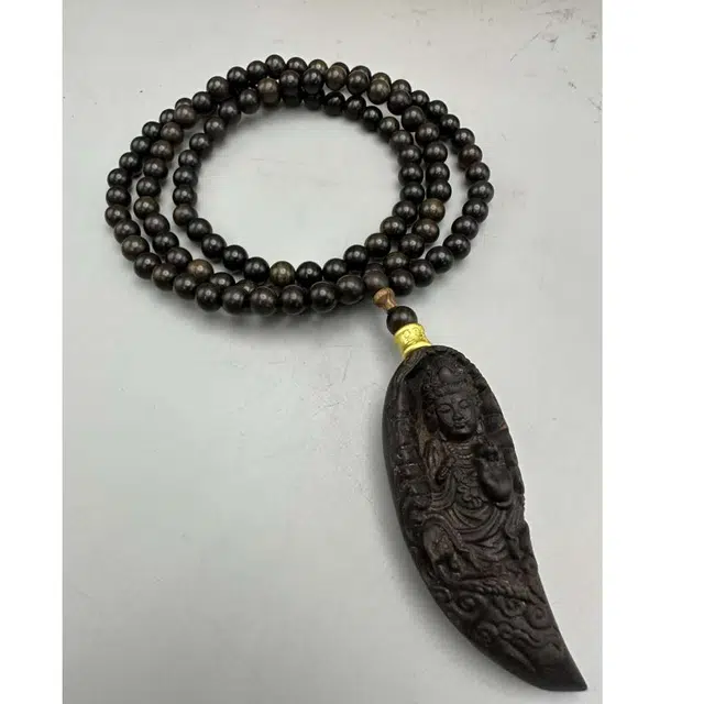 爵倾 沉贵宝月牙雕刻观音毛衣链 檀木 木作项链 男女同款情侣款