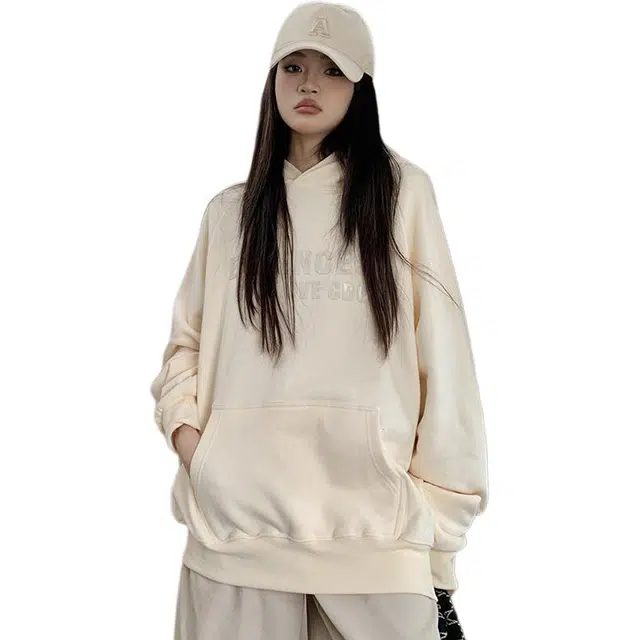 思蓓儿 宽松休闲连帽衫植绒印花美式潮牌加绒女上衣卫衣 女款