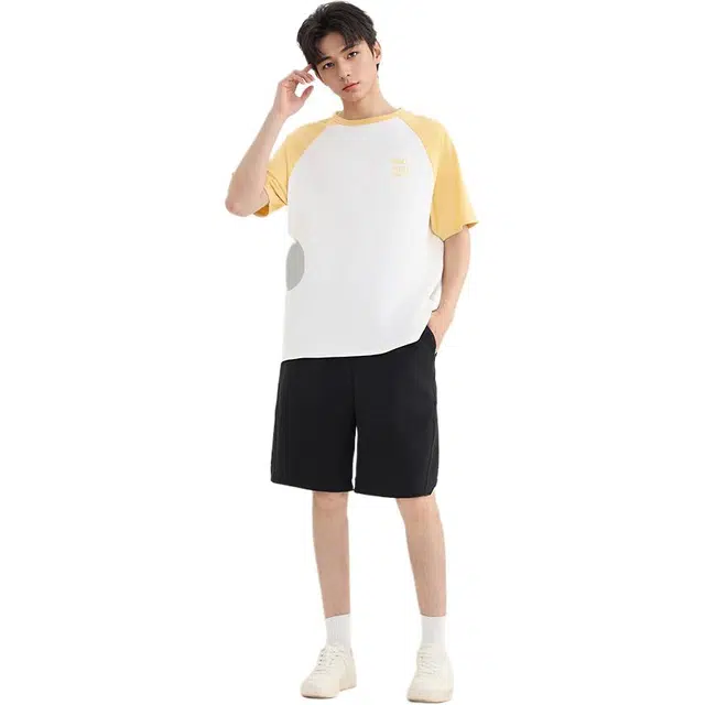 三福 轻薄宽松橡筋腰直筒裤中腰五分裤休闲短裤 男款