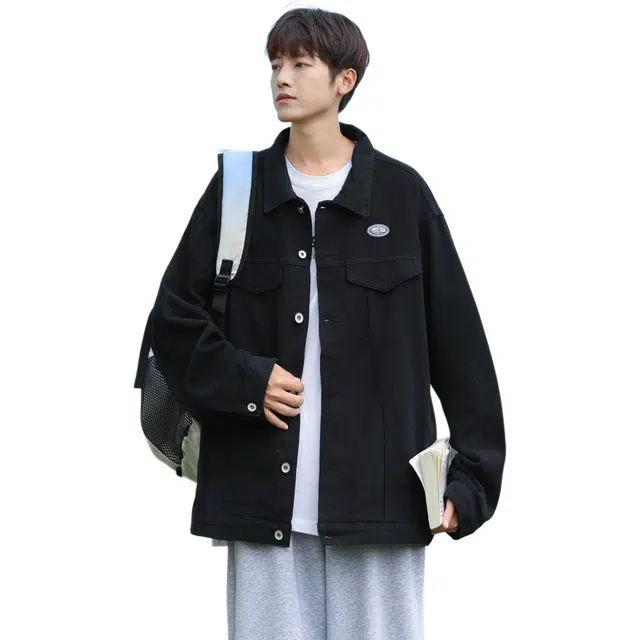 快鱼 美式复古秋款宽松型潮牛仔外套 男女同款