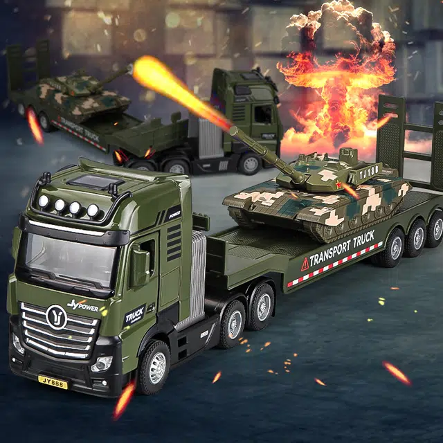 卡威 合金坦克拖车 军事工程车套装 成品模型