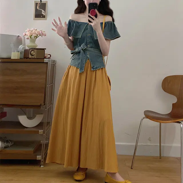 古莲菲 法式设计感小众牛仔上衣高腰半身裙两件套套裙装套装 女款