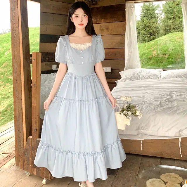 古莲菲 高级感气质拼接小清新温柔风初恋裙短袖连衣裙 女款 蓝色