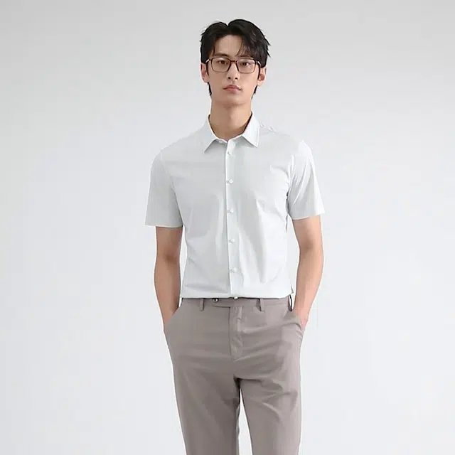 九牧王男裤专家 易打理系列 休闲简约舒适百搭短袖衬衫 男款 灰绿