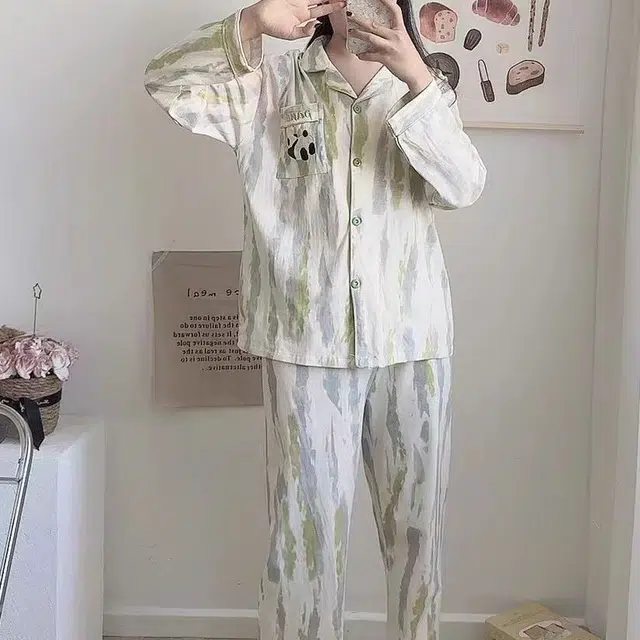 夏芬妍 简约舒适休闲不规则条纹熊猫印花翻领开衫纯棉家居服亲肤柔软长袖长裤可外穿睡衣礼盒 女款 浅绿色