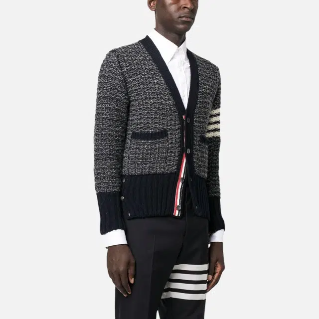 THOM BROWNE Mohair Tweed 4-Bar Classic V-Neck Cardigan V