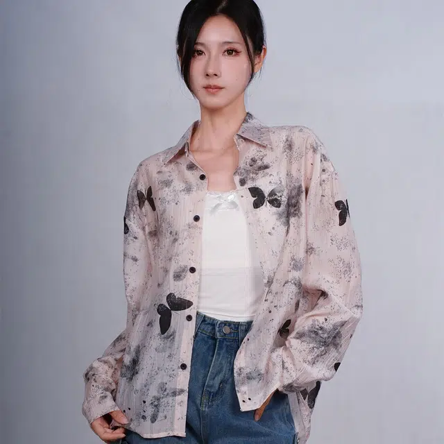 御茶家 水墨风蝴蝶印花慵懒感薄款长袖衬衫 女款 粉色
