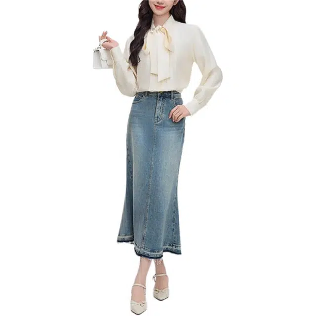 三福 高级感领口蝴蝶结绑带缎感长袖衬衫 女款 杏色