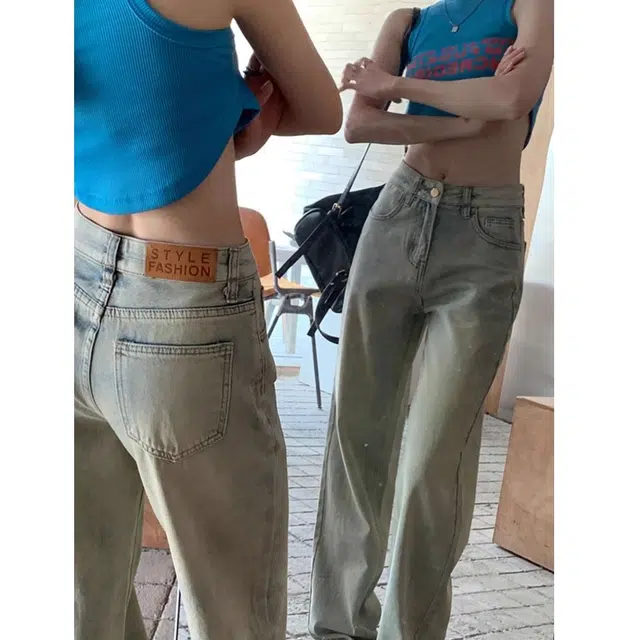 么宁 美式复古高腰做旧梨形身材显高宽松直筒阔腿拖地长裤牛仔裤 男女同款 牛仔蓝