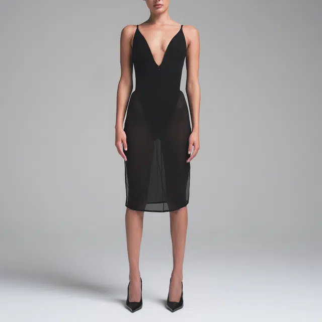 SKIMS SS25 Body Mesh Plunge Midi Dress Onyx