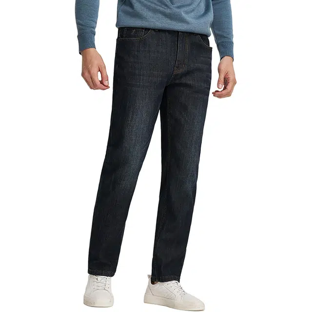 才子 高弹保暖刺绣猫须磨白加绒加厚牛仔裤 男款