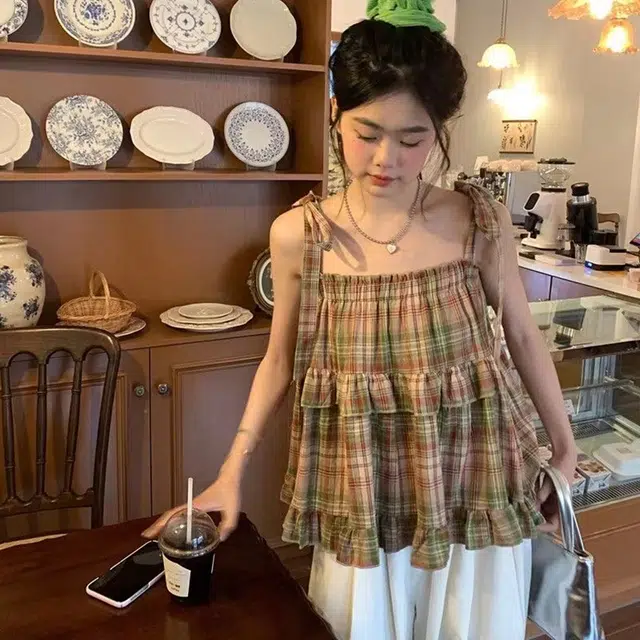 玉儿恋 格子套头方领薄款系带吊带 女款 红色