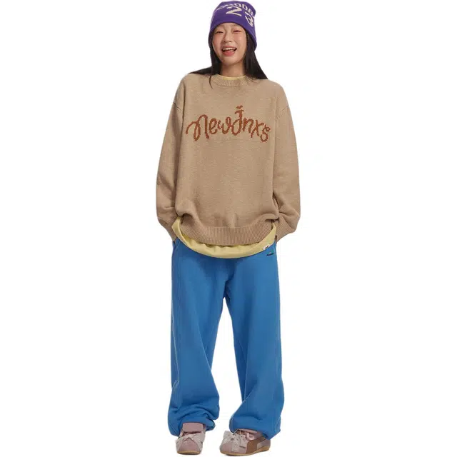 江南先生 美式复古字母圆领常规长袖宽松型套头毛衣 男女同款