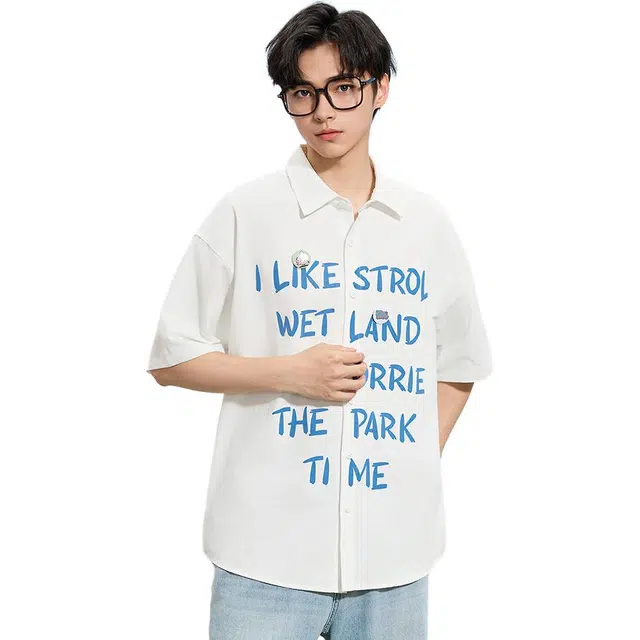 三福 字母图案休闲短袖翻领衬衫 男款