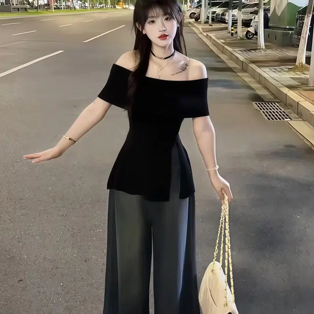 沐晓欣 一字领收腰开叉上衣阔腿牛仔裤休闲套装 女款