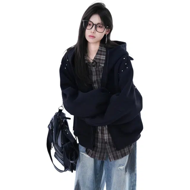 悍戈 美式复古潮牌杜宾犬铆钉连帽宽松开衫 设计感强且百搭 适合情侣 展现个性高级感卫衣 男女同款
