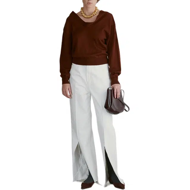 RECTO FW24 DRAPE COLLAR KNIT TOP RED BROWN