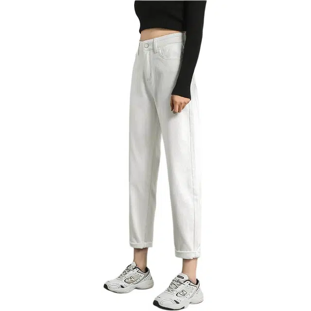 思蓓儿 高腰哈伦秋季弹力加绒小个子宽松九分老爹裤子牛仔裤 女款