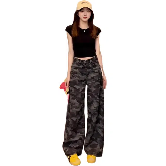 海獭 高腰宽松直筒拖地长裤大码胖妹妹设计感美式复古迷彩阔腿牛仔裤 女款