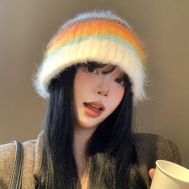 【秋冬日必备~多巴胺】 攸委 韩版通勤百搭可爱拼色彩色条纹针织渔夫帽女冬季保暖 羊驼毛混纺 毛绒毛线帽护耳冷帽盆帽 男女同款情侣款