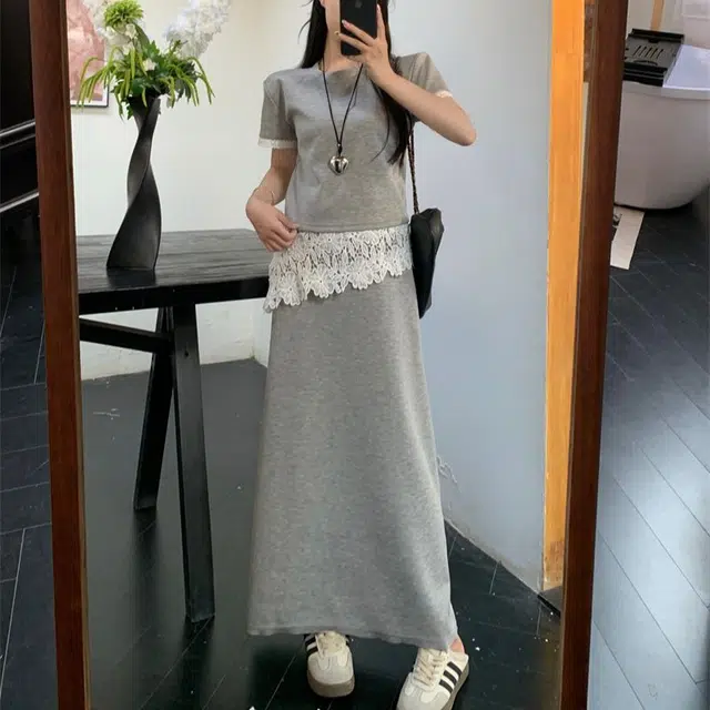 古莲菲 时尚拼接短袖两件套裙装套装 女款