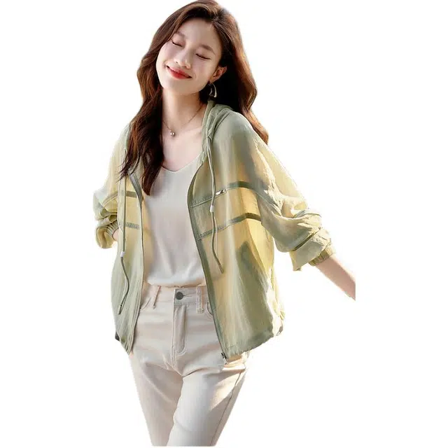 沫晗依美 纯色拉链连帽宽松夹克外套 女款 绿色