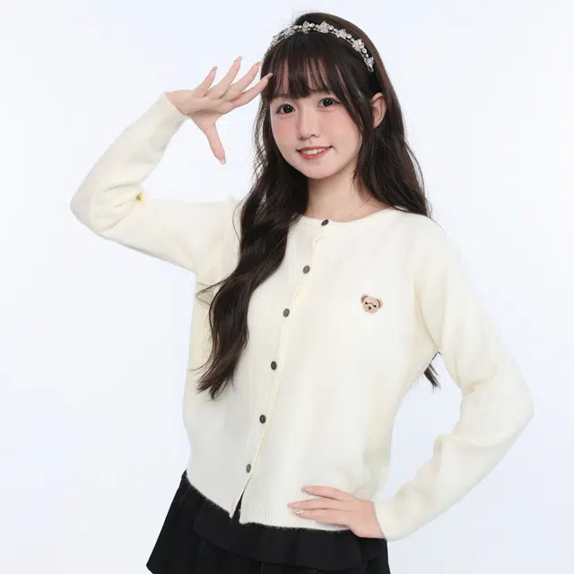 御茶家 可爱小熊刺绣开衫单排扣宽松针织衫 女款 紫色