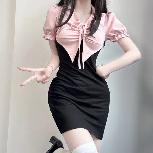假两件收腰泡泡袖针织短袖连衣裙 女款 黑色