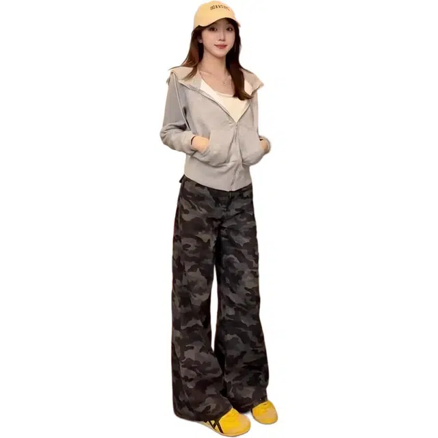 海獭 高腰宽松直筒拖地长裤大码胖妹妹设计感美式复古迷彩阔腿牛仔裤 女款