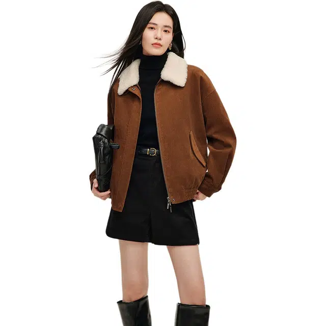 茵曼 复古灯芯绒宽松休闲百搭保暖厚款棉服 女款 咖啡色