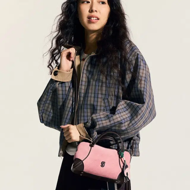 古良吉吉 棒球软波士顿包 合成革 手提包 小号 女款 绒面日暮粉