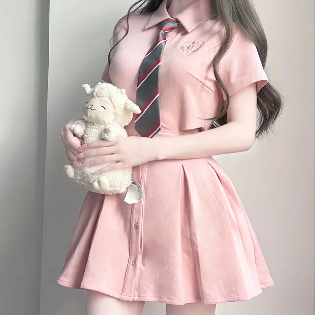 纯色衬衫领短袖连衣裙 女款 粉红色