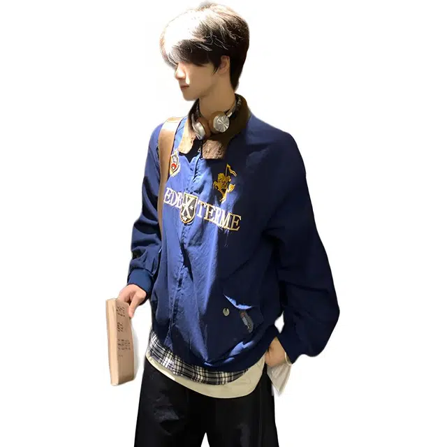 煦加 美式复古设计感刺绣夹克外套 男款 藏青色