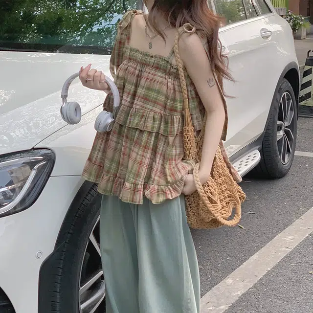 玉儿恋 格子套头方领薄款系带吊带 女款 红色