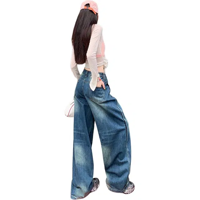 玫丝朵 美式复古潮流做旧设计时尚百搭宽松直筒垂感拖地牛仔裤 女款